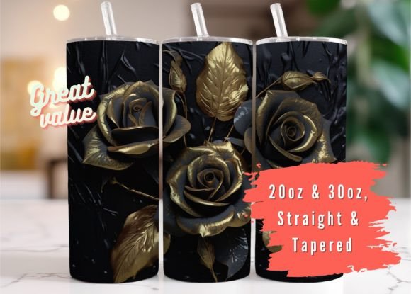 3D Black and Gold Rose Tumbler Wrap